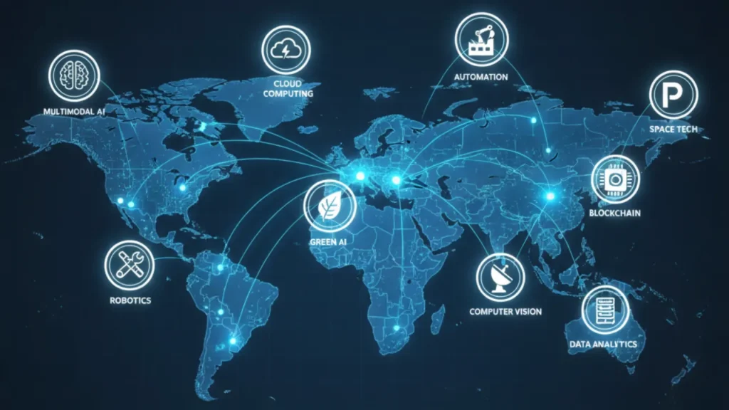 A stylized, minimalist world map overlaid with interconnected nodes and lines, representing the global spread and interconnectedness of the 10 AI trends.