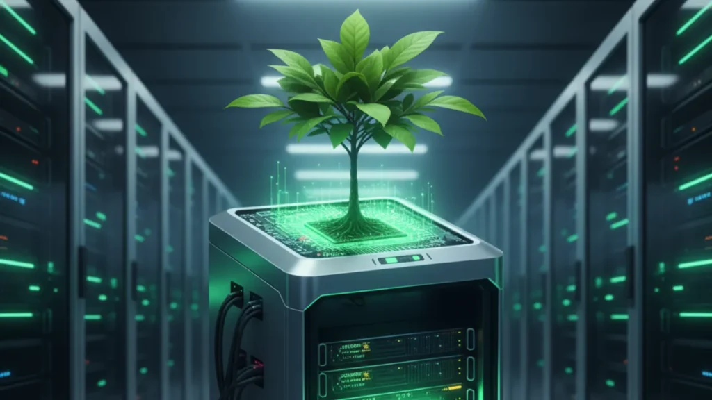 A conceptual image of a server rack glowing green, with a small tree growing out of the top, symbolizing sustainable computing and Green AI.