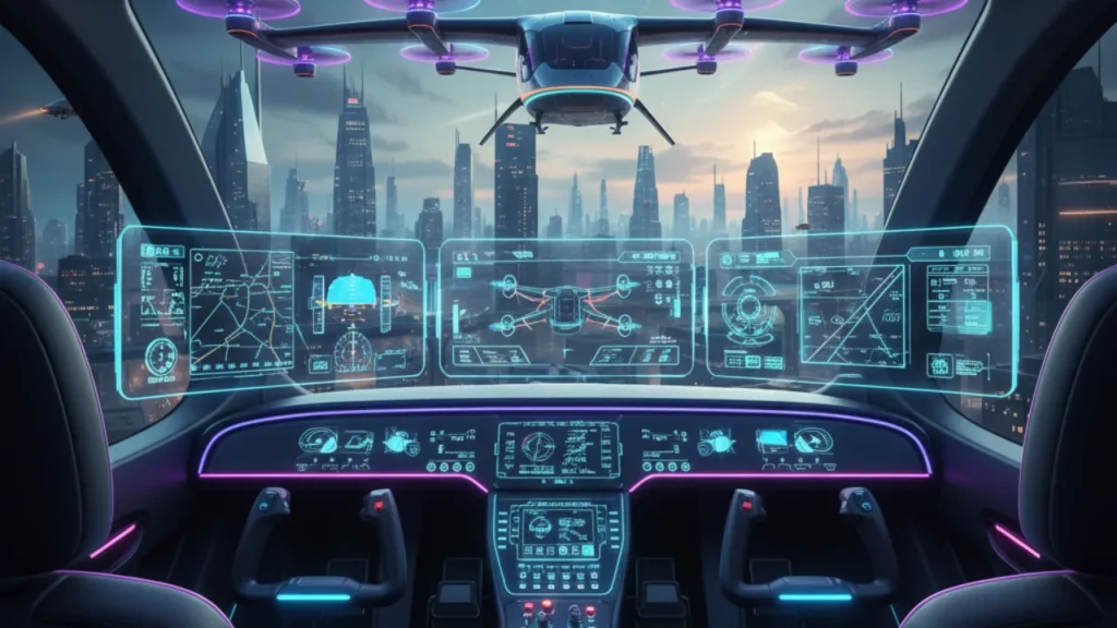 Close-up of the advanced digital cockpit and flight controls of the Eve eVTOL.