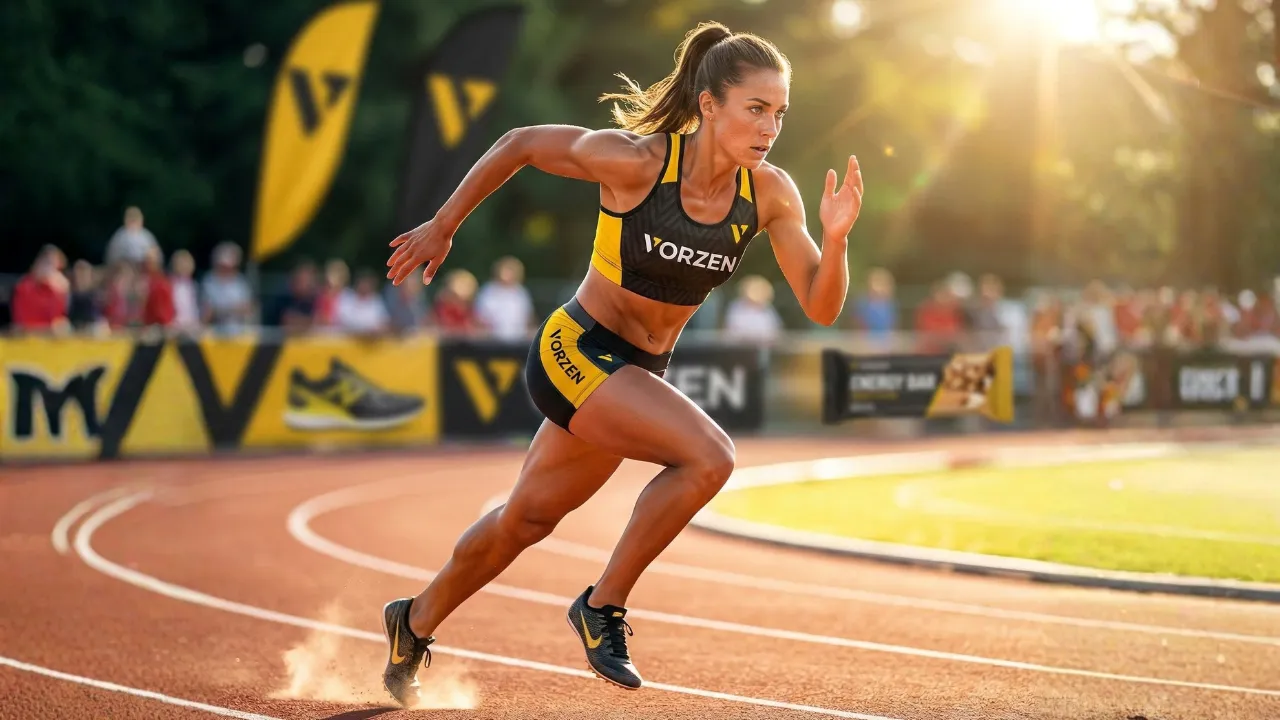Atleta em movimento com produtos Vorzen ao fundo, transmitindo energia e performance.